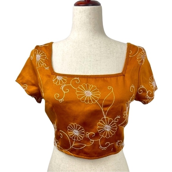 Cider Boho Floral Embroidered Crop Top. Brown Orange. Size S. #668 - Picture 2 of 7
